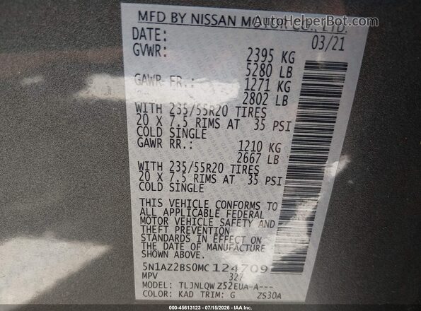 5N1AZ2BS0MC124709 2021 NISSAN MURANO Gray Widok komory silnika
