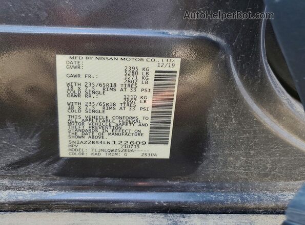 5N1AZ2BS4LN122609 2020 NISSAN MURANO Gray Widok naklejki z numerem VIN