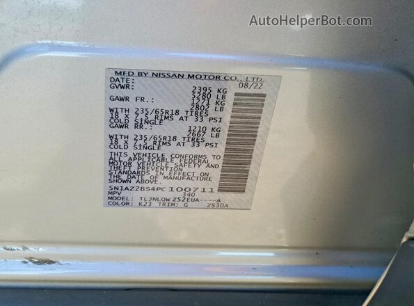 5N1AZ2BS4PC100711 2023 NISSAN MURANO Silver Вид наклейки з VIN-кодом