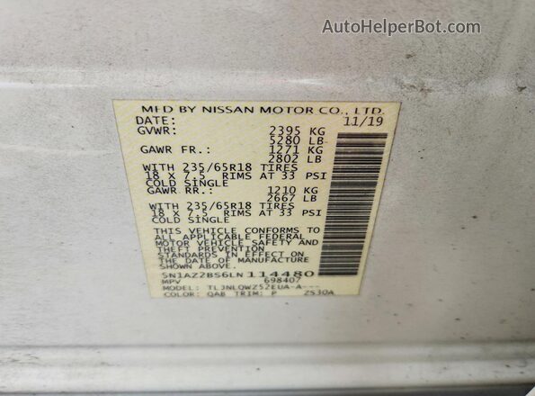 5N1AZ2BS6LN114480 2020 NISSAN MURANO White VIN sticker view
