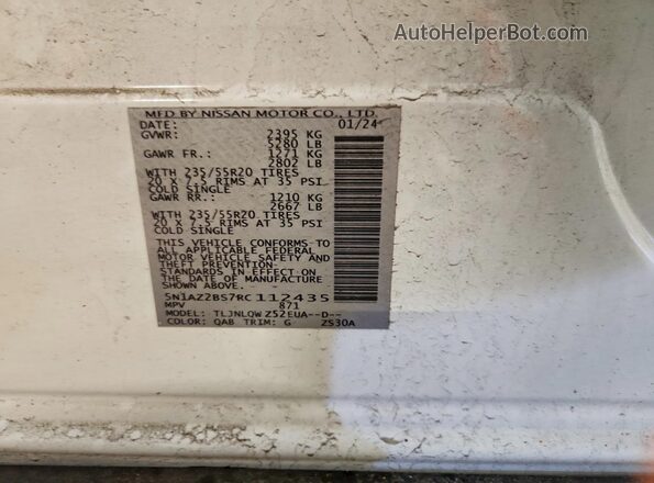 5N1AZ2BS7RC112435 2024 NISSAN MURANO White Vista de la etiqueta del VIN