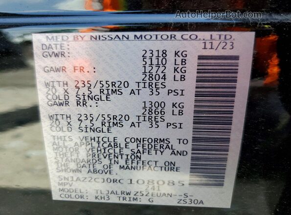 5N1AZ2CJ0RC108085 2024 NISSAN MURANO Черный Вид наклейки с VIN-кодом