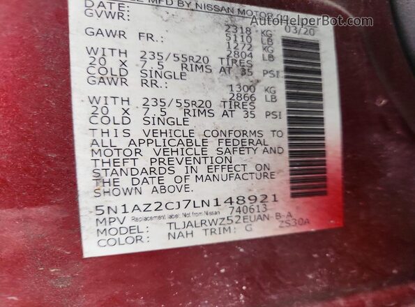 5N1AZ2CJ7LN148921 2020 NISSAN MURANO Burgundy Панорамний вид салону 360°