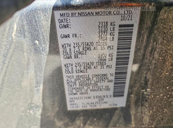 5N1AZ2CJXNC106953 2022 NISSAN MURANO Charcoal VIN sticker view