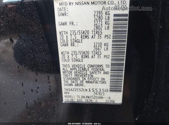 5N1AZ2CS2LN155350 2020 NISSAN MURANO Black Vista del compartimento del motor