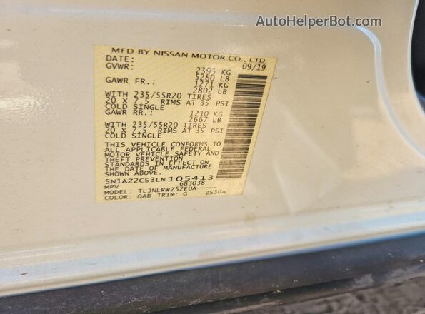 5N1AZ2CS3LN105413 2020 NISSAN MURANO White ძრავის განყოფილების ხედი