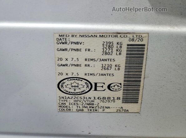 5N1AZ2CS3LN168818 2020 NISSAN MURANO White Widok wnętrza 360 stopni