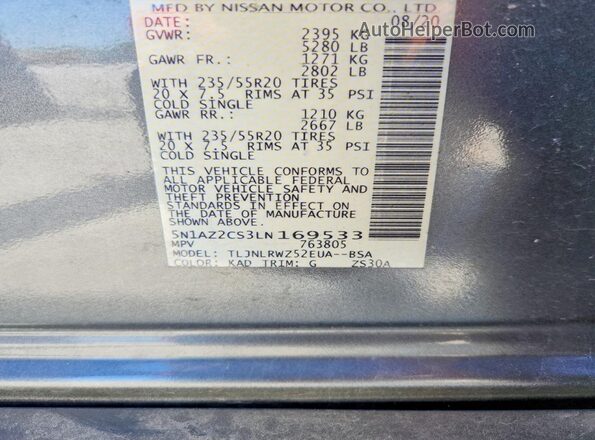 5N1AZ2CS3LN169533 2020 NISSAN MURANO Gray Vista de la etiqueta del VIN