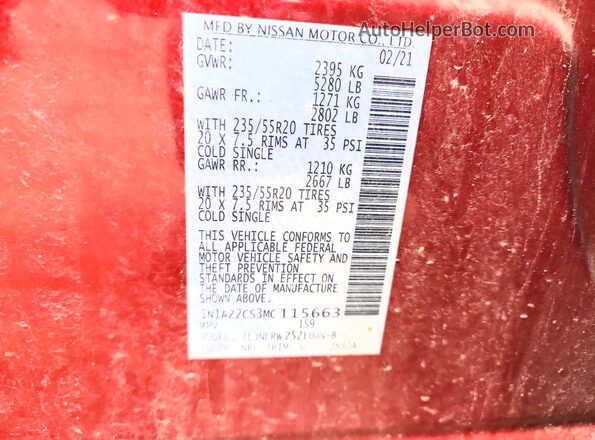 5N1AZ2CS3MC115663 2021 NISSAN MURANO Red VIN կոդի պիտակի տեսք