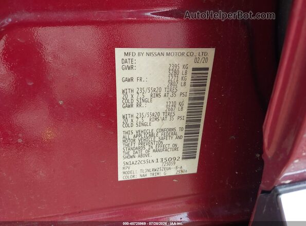 5N1AZ2CS5LN135092 2020 NISSAN MURANO Red Вид підкапотного простору