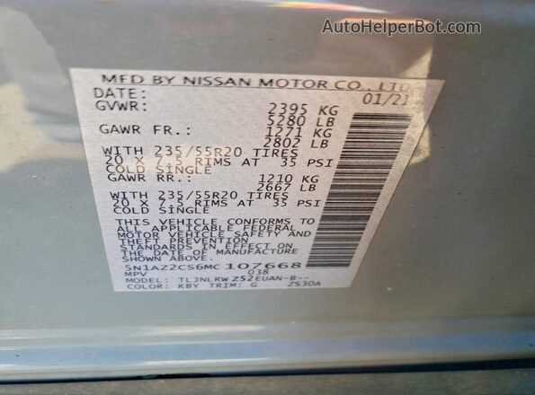 5N1AZ2CS6MC107668 2021 NISSAN MURANO Gray Vista de la etiqueta del VIN