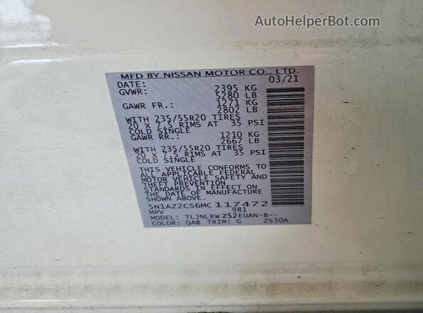 5N1AZ2CS6MC117472 2021 NISSAN MURANO White Շարժիչի բաժամունքի տեսք