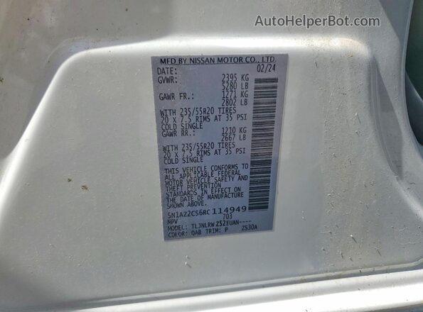 5N1AZ2CS6RC114949 2024 NISSAN MURANO White VIN კოდის სტიკერის ხედი