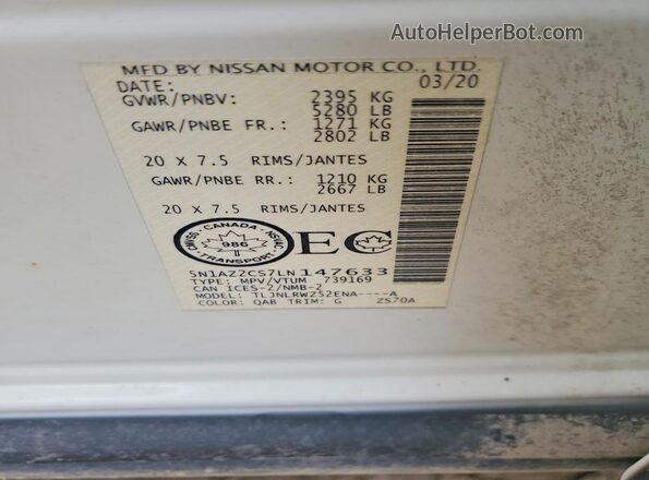 5N1AZ2CS7LN147633 2020 NISSAN MURANO White VIN կոդի պիտակի տեսք