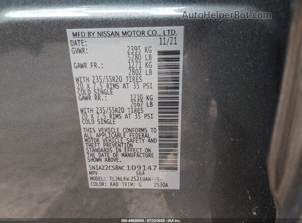 5N1AZ2CS8NC109147 2022 NISSAN MURANO Gray Vista del compartimento del motor