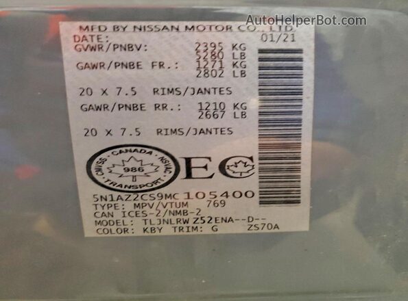 5N1AZ2CS9MC105400 2021 NISSAN MURANO Gray Widok naklejki z numerem VIN