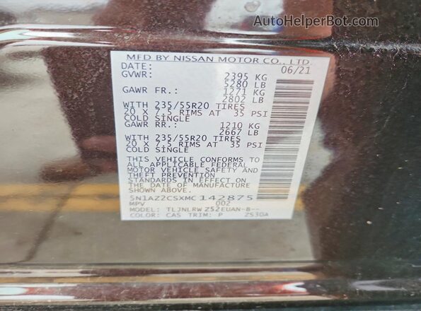 5N1AZ2CSXMC142875 2021 NISSAN MURANO Brown Vista de la etiqueta del VIN