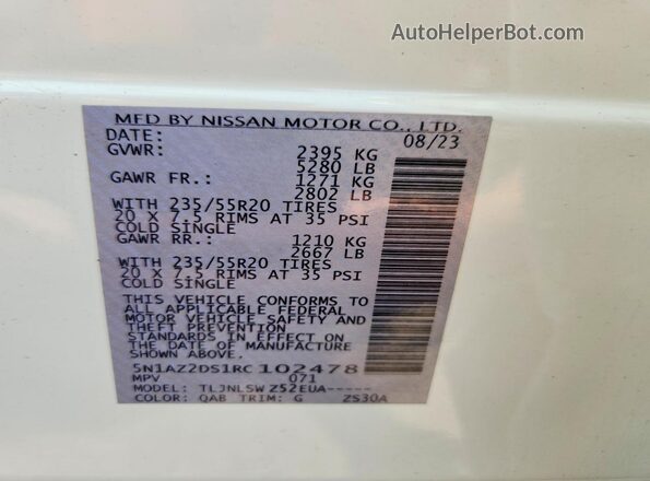 5N1AZ2DS1RC102478 2024 NISSAN MURANO White Вид наклейки з VIN-кодом