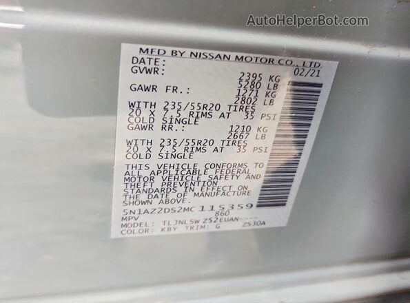 5N1AZ2DS2MC115359 2021 NISSAN MURANO Gray VIN կոդի պիտակի տեսք