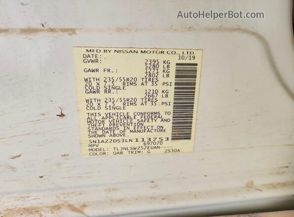 5N1AZ2DS3LN113753 2020 NISSAN MURANO White ძრავის განყოფილების ხედი