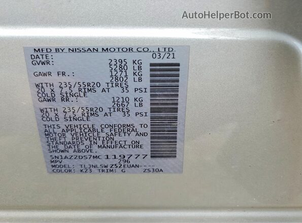 5N1AZ2DS7MC119777 2021 NISSAN MURANO Silver VIN sticker view