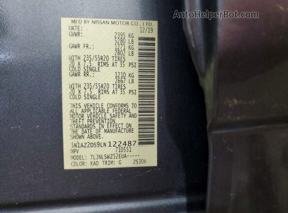 5N1AZ2DS9LN122487 2020 NISSAN MURANO Gray Панорамний вид салону 360°