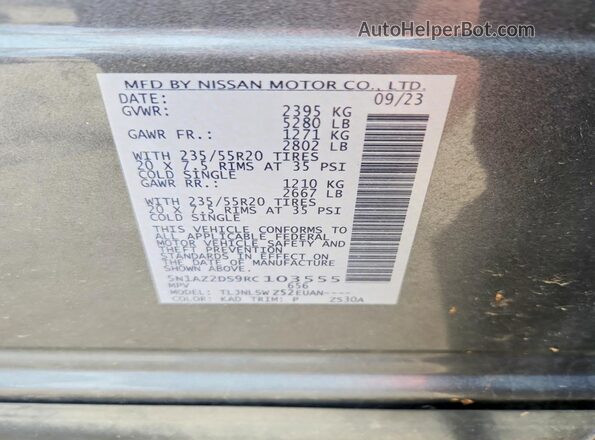 5N1AZ2DS9RC103555 2024 NISSAN MURANO Gray VIN კოდის სტიკერის ხედი