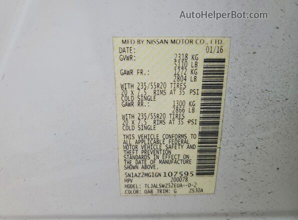 5N1AZ2MG1GN107595 2016 NISSAN MURANO White Vista de la etiqueta del VIN
