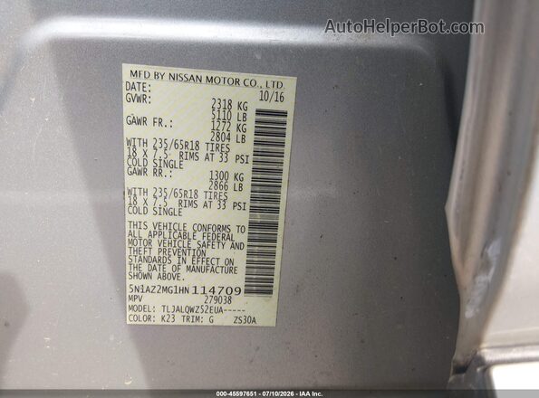 5N1AZ2MG1HN114709 2017 NISSAN MURANO Gray Вид підкапотного простору