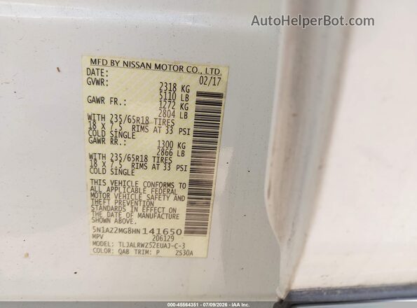 5N1AZ2MG8HN141650 2017 NISSAN MURANO White Vista del compartimento del motor