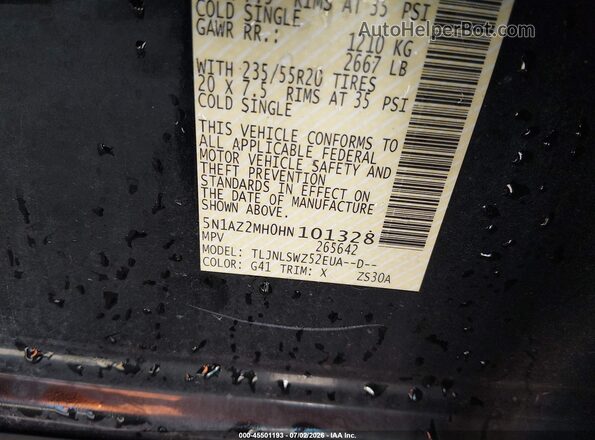 5N1AZ2MH0HN101328 2017 NISSAN MURANO Black Вид підкапотного простору