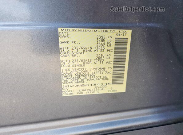 5N1AZ2MH0HN184338 2017 NISSAN MURANO Gray VIN sticker view