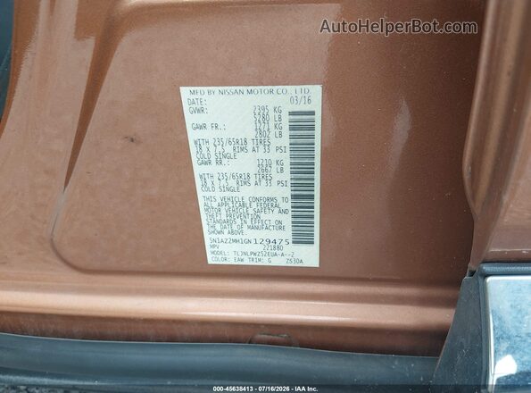 5N1AZ2MH1GN129475 2016 NISSAN MURANO Orange Вид підкапотного простору