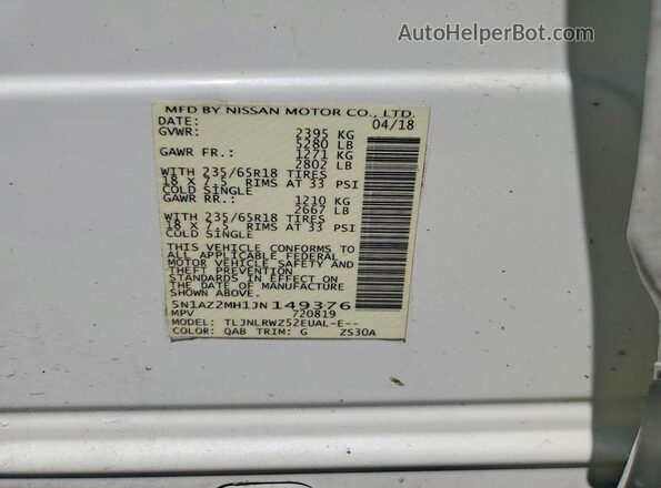 5N1AZ2MH1JN149376 2018 NISSAN MURANO White VIN კოდის სტიკერის ხედი