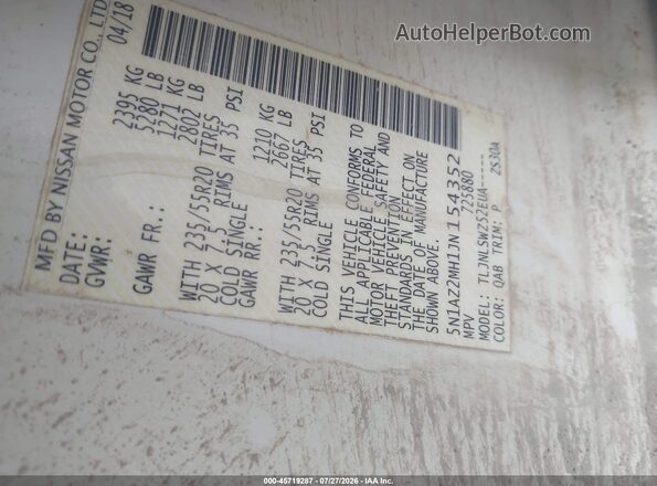 5N1AZ2MH1JN154352 2018 NISSAN MURANO White Vista del compartimento del motor