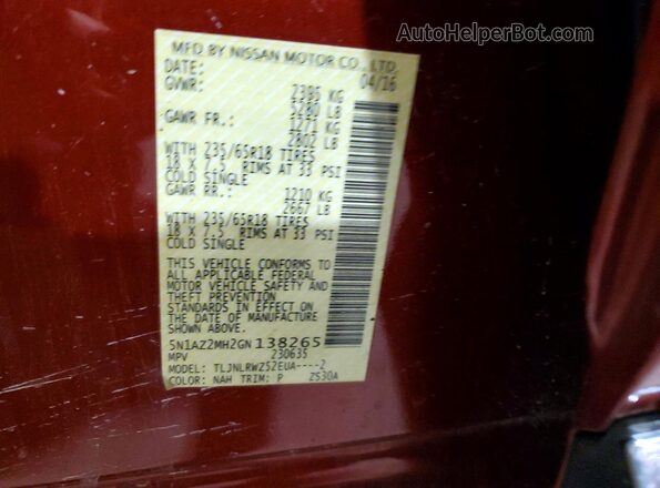 5N1AZ2MH2GN138265 2016 NISSAN MURANO Red Вид наклейки з VIN-кодом