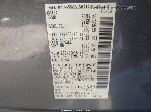 5N1AZ2MH2GN141523 2016 NISSAN MURANO Gray ძრავის განყოფილების ხედი