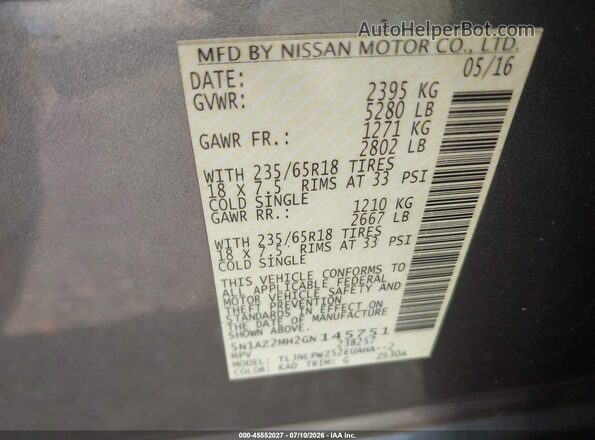 5N1AZ2MH2GN145751 2016 NISSAN MURANO Gray Vista del compartimento del motor