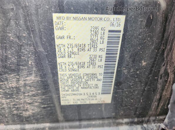 5N1AZ2MH2GN151453 2016 NISSAN MURANO Серебряный Вид наклейки с VIN-кодом