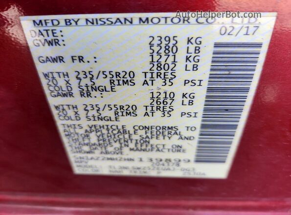 5N1AZ2MH2HN139899 2017 NISSAN MURANO Бордовый Вид наклейки с VIN-кодом