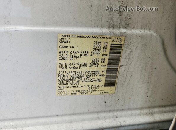 5N1AZ2MH2JN122347 2018 NISSAN MURANO White ძრავის განყოფილების ხედი