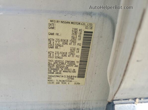 5N1AZ2MH2JN136894 2018 NISSAN MURANO Белый Вид наклейки с VIN-кодом