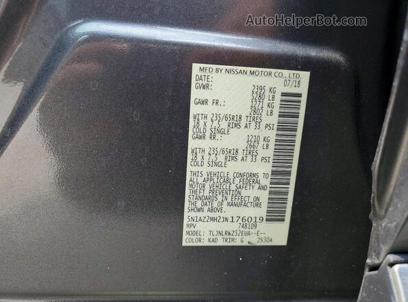 5N1AZ2MH2JN176019 2018 NISSAN MURANO Gray VIN կոդի պիտակի տեսք