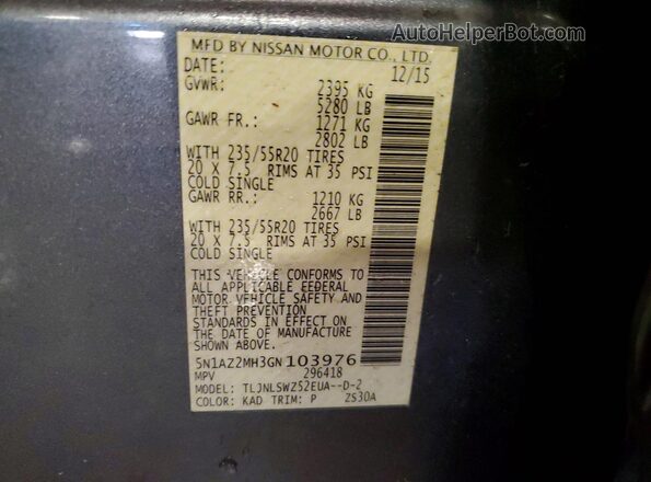 5N1AZ2MH3GN103976 2016 NISSAN MURANO Gray Вид наклейки з VIN-кодом