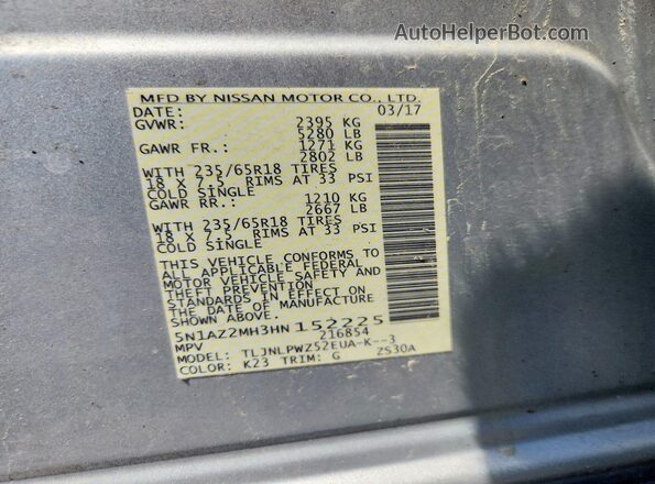 5N1AZ2MH3HN152225 2017 NISSAN MURANO Серебряный Вид наклейки с VIN-кодом