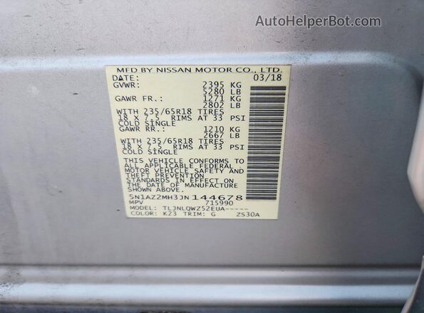 5N1AZ2MH3JN144678 2018 NISSAN MURANO Silver Вид наклейки з VIN-кодом