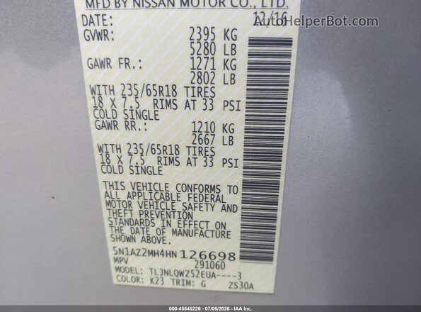 5N1AZ2MH4HN126698 2017 NISSAN MURANO Серебряный Вид подкапотного пространства
