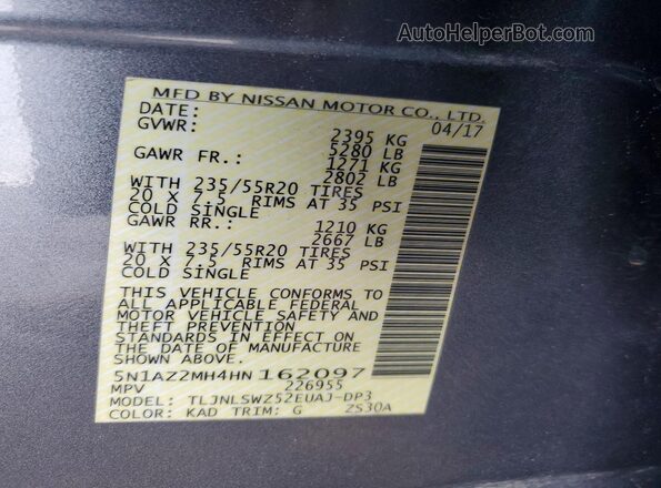 5N1AZ2MH4HN162097 2017 NISSAN MURANO Gray Панорамний вид салону 360°