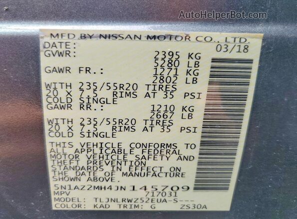 5N1AZ2MH4JN145709 2018 NISSAN MURANO Gray VIN კოდის სტიკერის ხედი