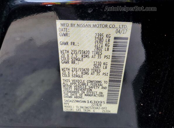 5N1AZ2MH5HN163095 2017 NISSAN MURANO Black Панорамний вид салону 360°